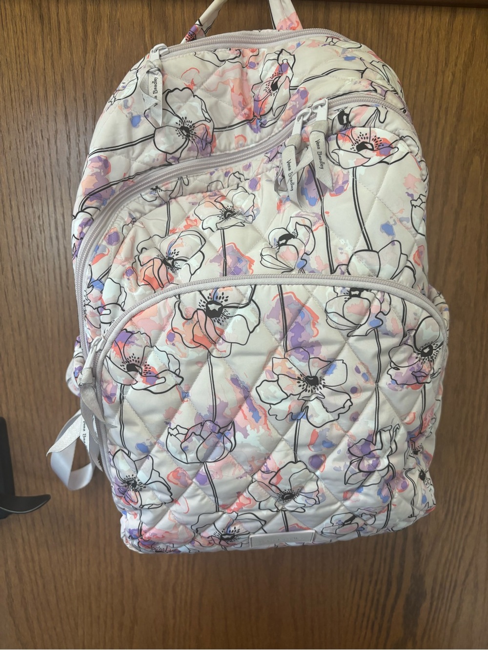 Vera Bradley Cream Quilted Backpack with Pink and Purple Floral Print